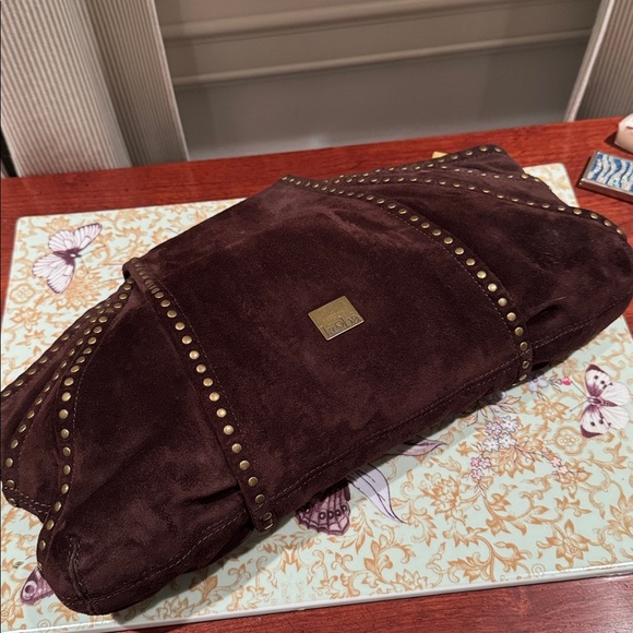 KOOBA DARK BROWN SUEDE CLUTCH WITH ANTIQUE GOLD RIVETS - Picture 5 of 10